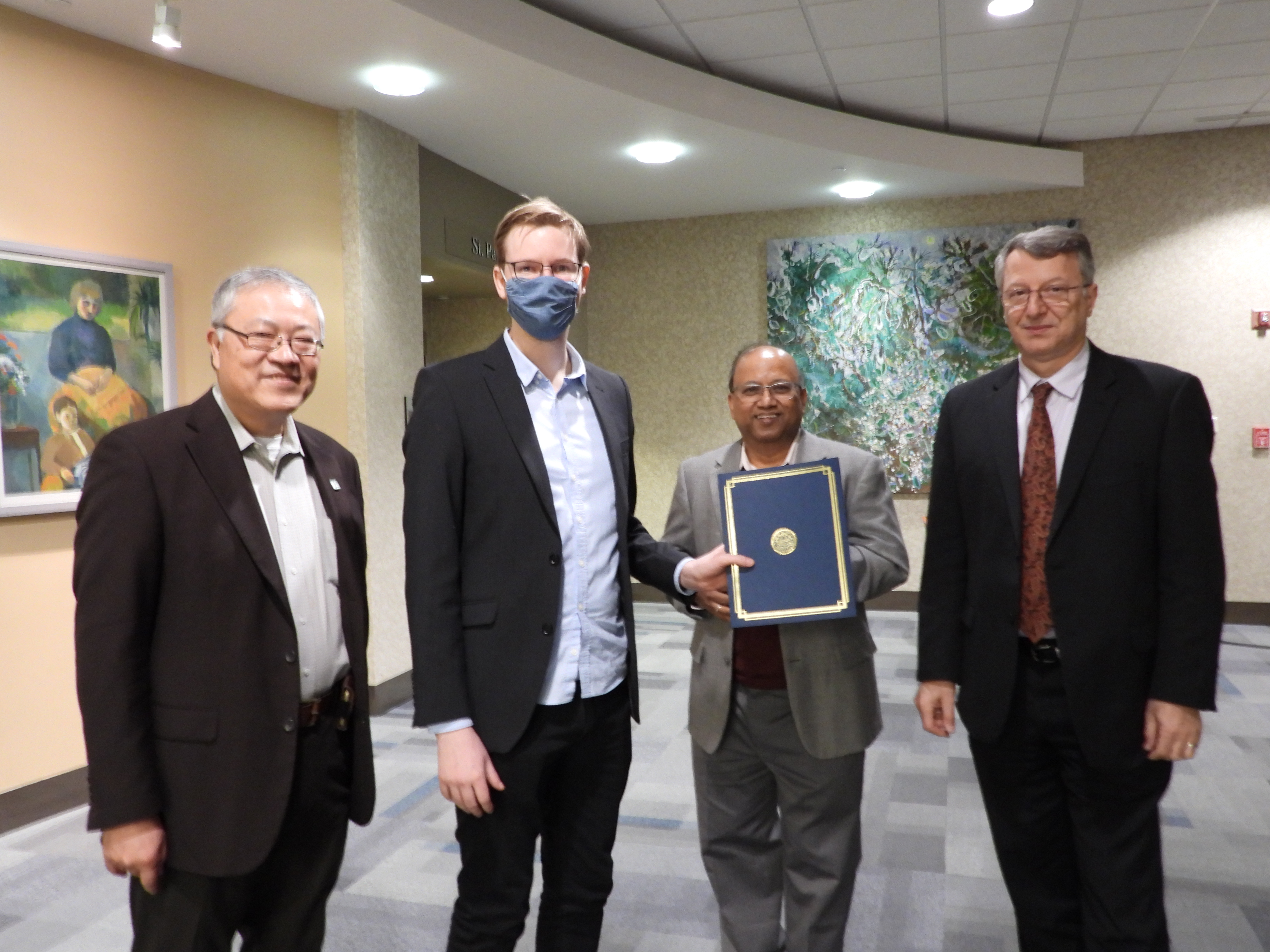 From left to right: Dr. Frank Liou (ISC Interim Director), Simon Thougaard (tied for 2nd place), Dr. Sanjay Madria (ISC Poster Presentation Chair), and Dr. Kamal Khayat (Interim Vice Chancellor for Research and Innovation)